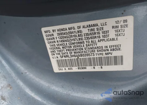 2010 Honda Odyssey Ex-L z USA, uszkodzony, nr VIN 5FNRL3H64AB039573